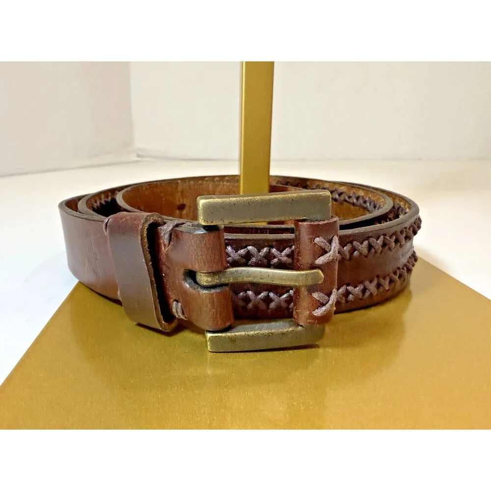 Dockers Brown Leather Belt Unisex Braided Brass Buckle Size L‎ Vintage 1990s